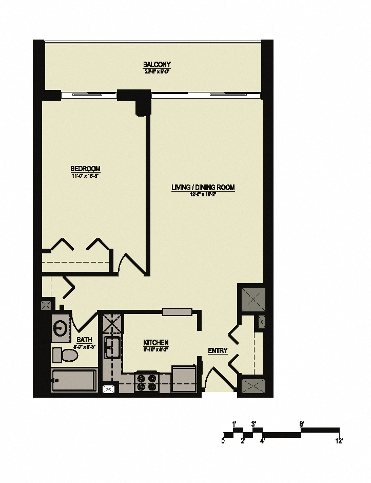 Floor plan for 1 bed, 1 bath, 711 sqft